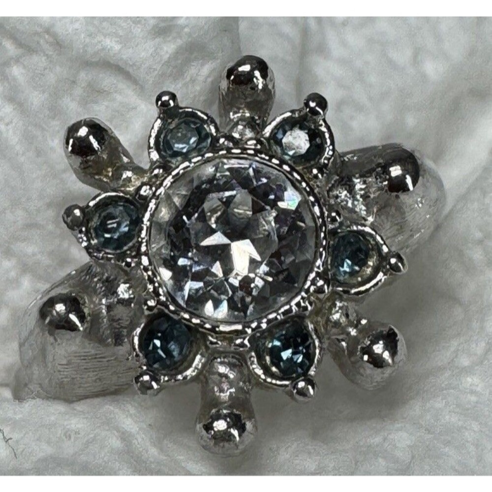 Vtg Avon Star Song Silver Tone Ring Snowflake Starsong Blue Sparkle Rhinestone